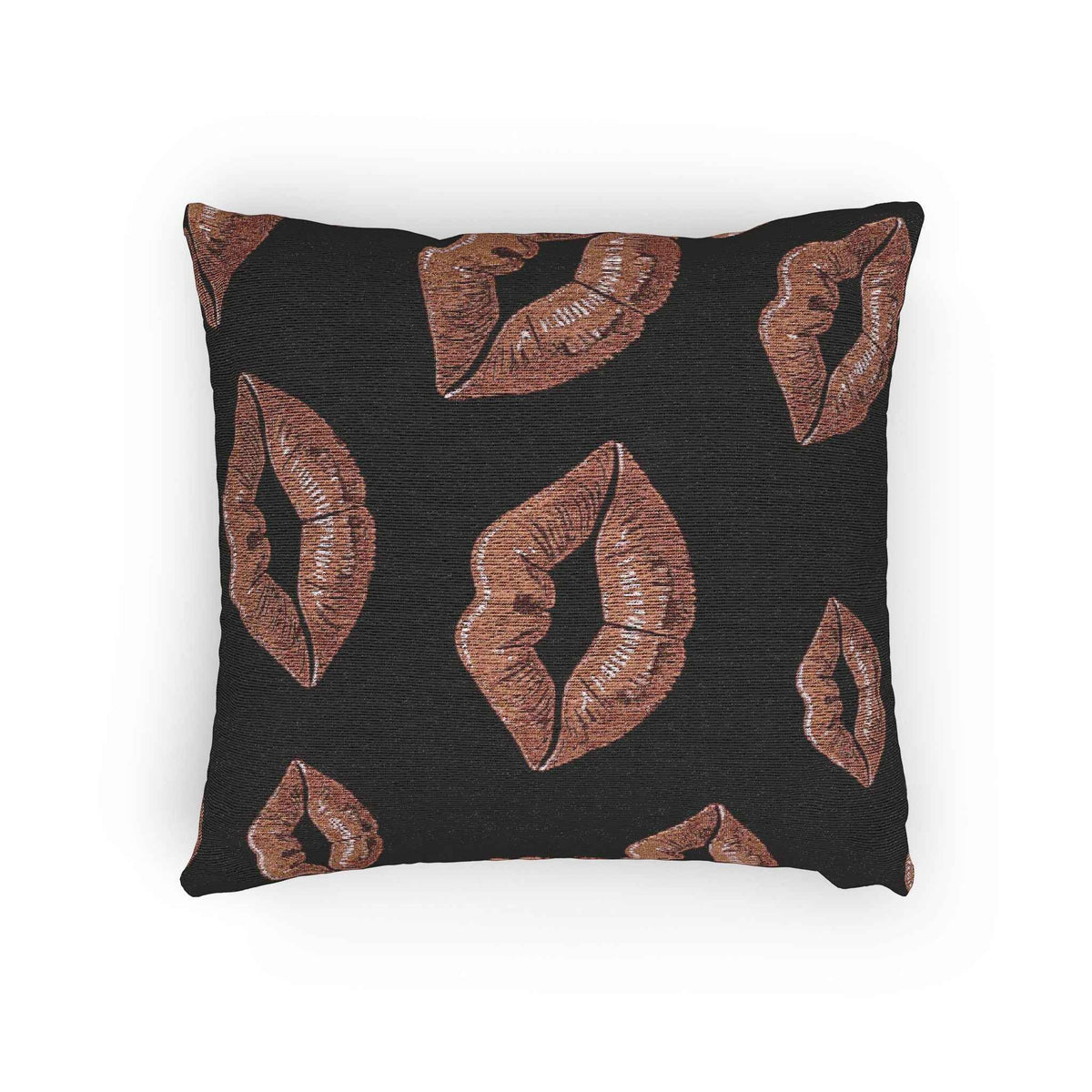 Rose Gold Lip Print Woven Pillow | Black Background, Decorative Throw Pillow