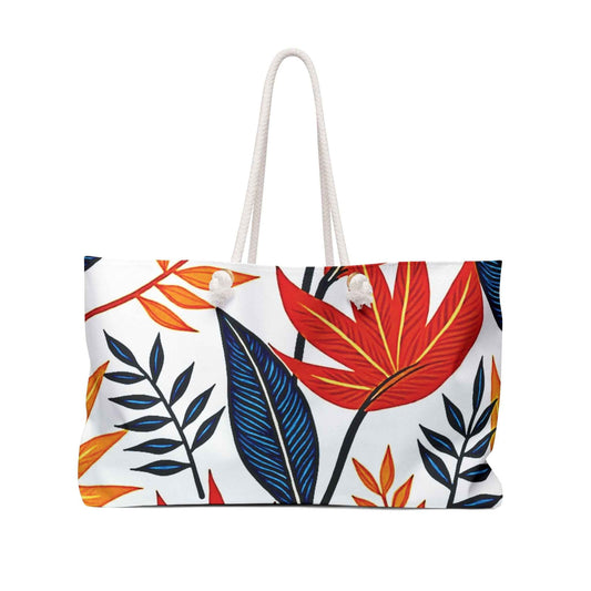 Bold Red Blue Tropical Leaves Weekender Bag | Leaf Print Bag