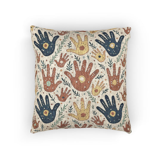 Woven Pillow — Boho Handprint Pattern Decorative Throw Pillow (Earth Tones)