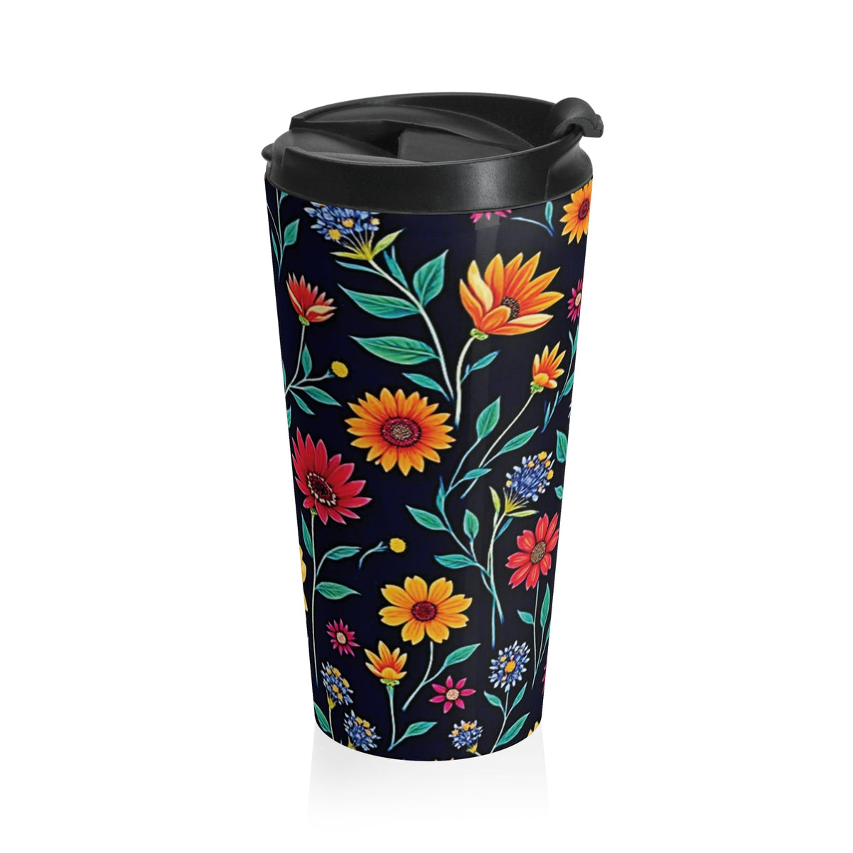 Colorful Floral Pattern Stainless Steel Travel Mug | Black Background