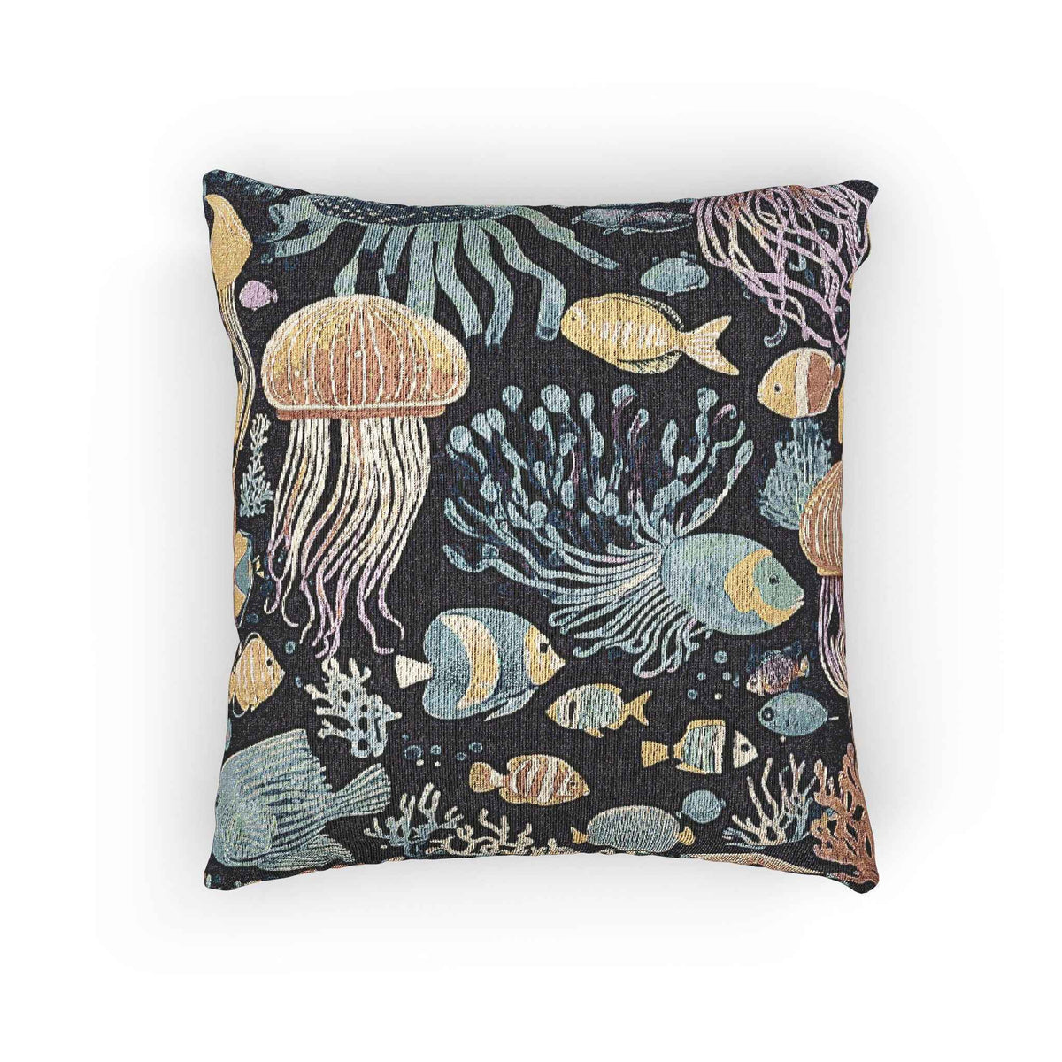 Underwater Jellyfish and Fish Woven Pillow | Ocean Reef Tapestry Cushion