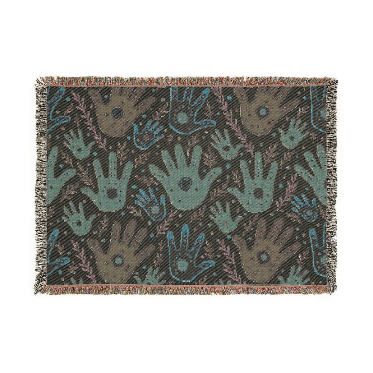Handprint Pattern Woven Blanket — Boho Tribal Throw for Living Room, Nursery, or Gift