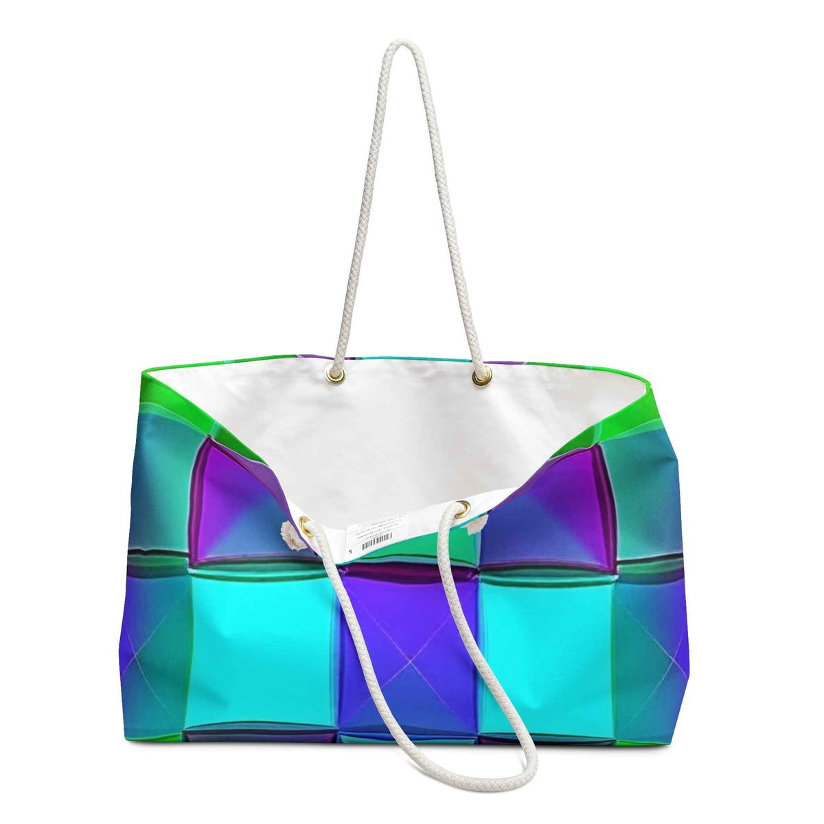 Teal Purple Geometric Pattern Weekender Bag | Colorful Cube Design, Large Tote Bag