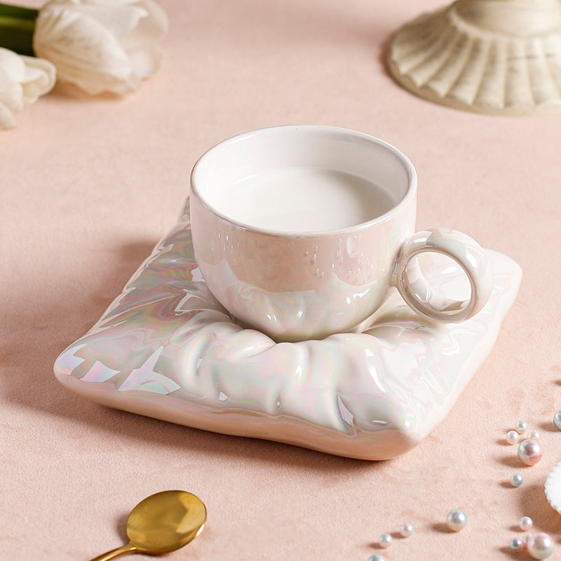 Nordic Ceramic Cup with Pillow Saucer Coaster, Creative Couple Coffee Tea Cup & Saucer Gift Set, 7 Colors