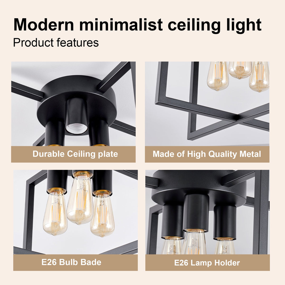 3-Light Black Semi-Flush Mount Ceiling Light with Geometric Metal Shade (United States Delivery Only)