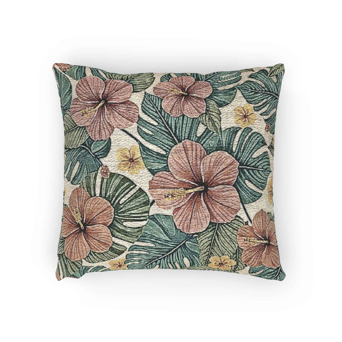 Hibiscus Tropical Floral Woven Pillow | Botanical Throw Cushion