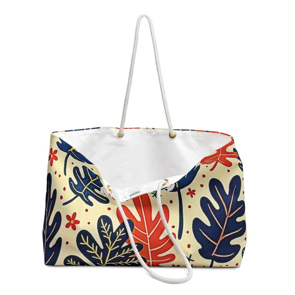 Abstract Tropical Leaves Weekender Bag | Blue Orange Leaf Pattern, Large Tote Bag