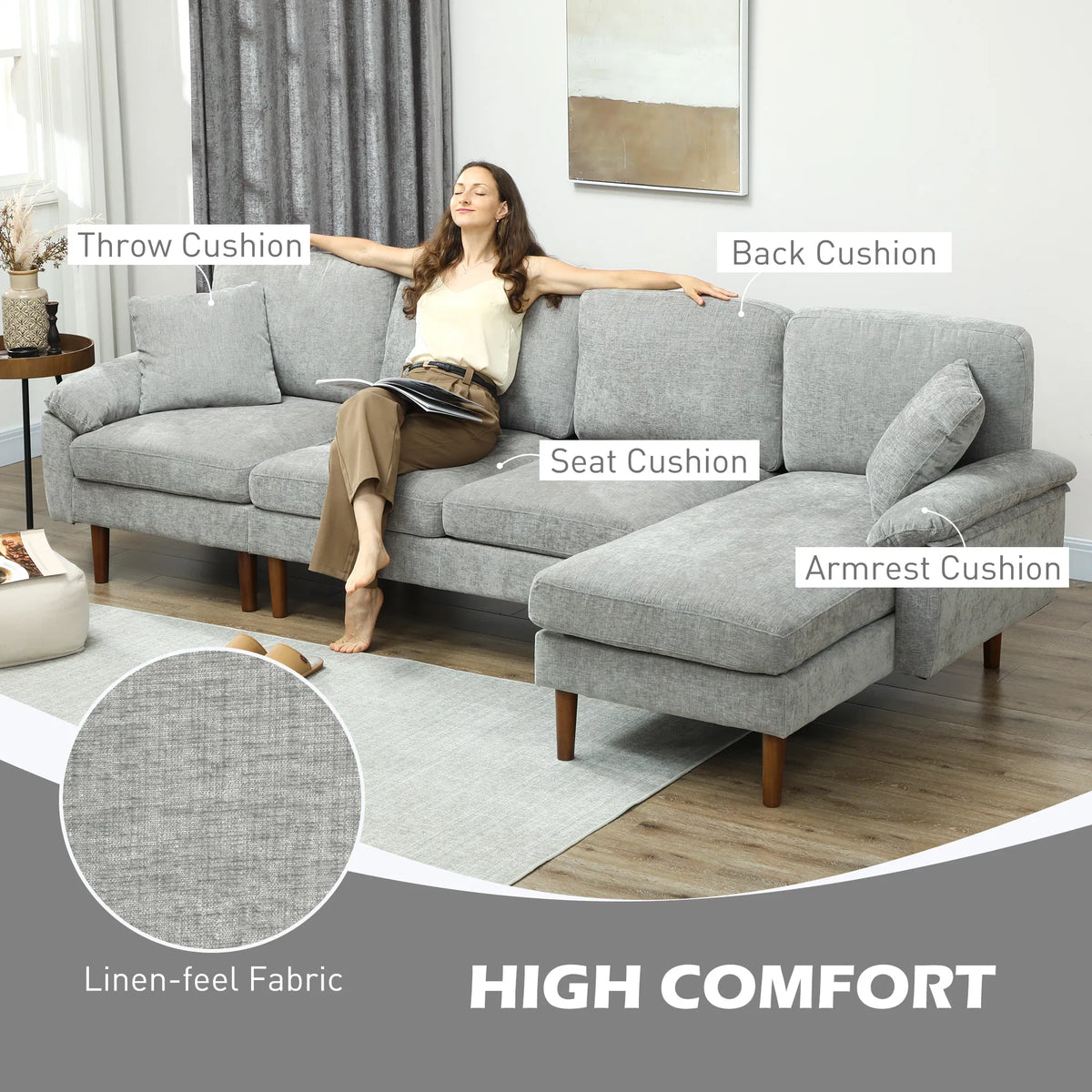 Grey L-Shape Sectional Sofa – Modern Reversible Chaise Couch with Pillows & Wooden Legs (United States & Canada Delivery Only)