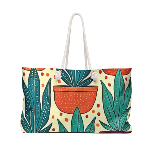 Potted Succulent Pattern Weekender Bag | Tropical Plant Large Tote Bag
