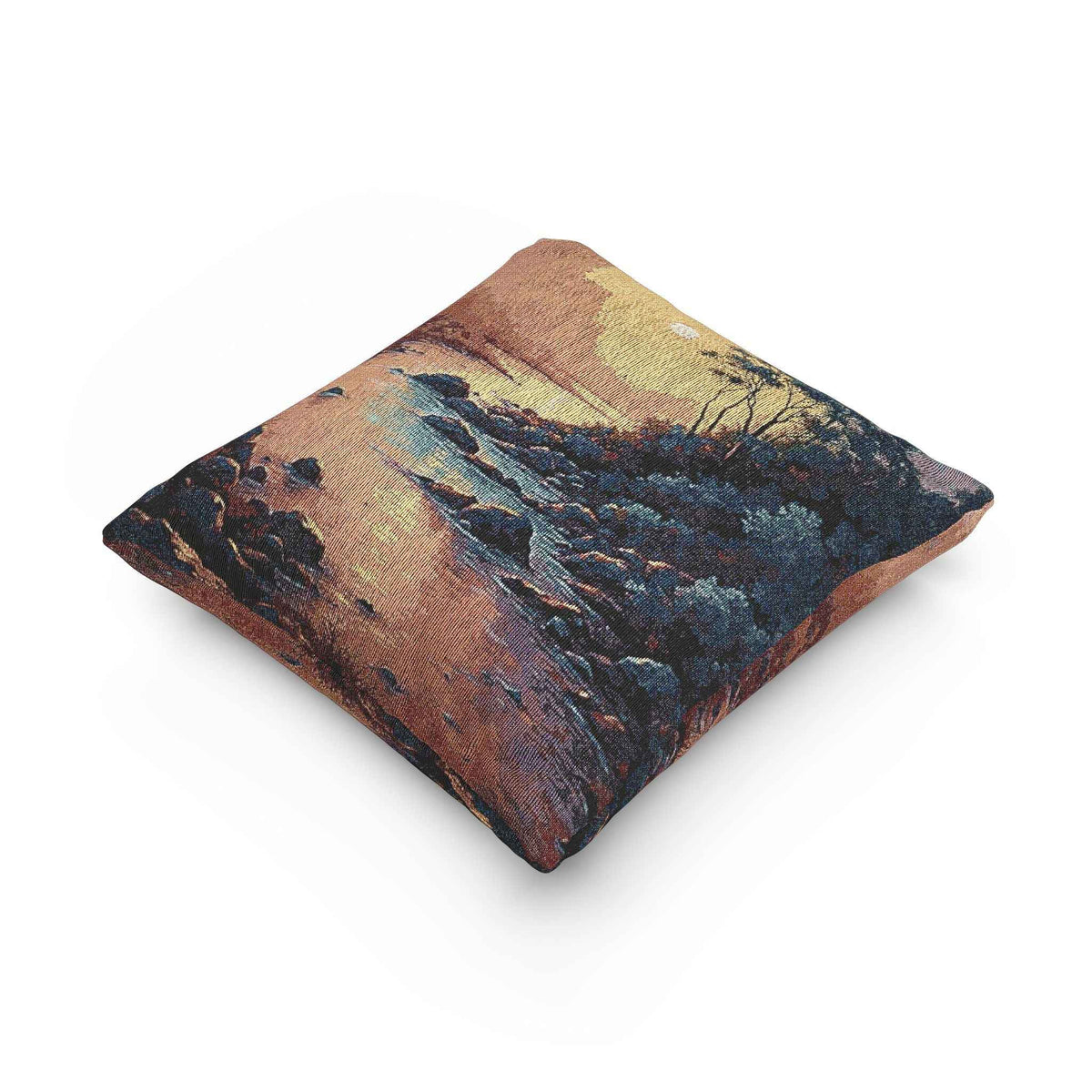Sunset Cove woven pillow | coastal landscape tapestry throw pillow