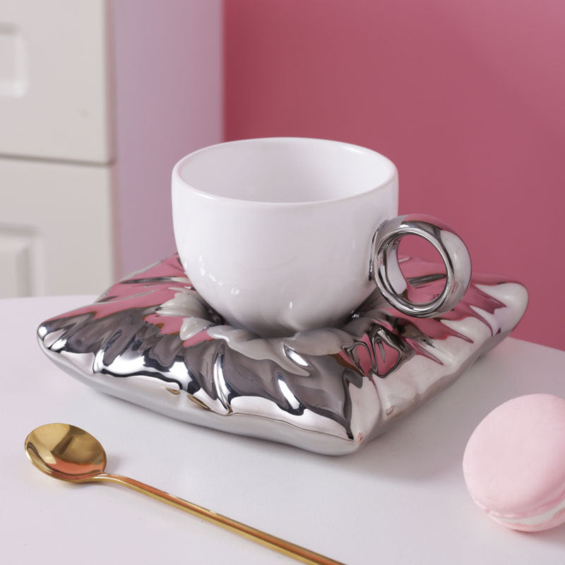 Nordic Ceramic Cup with Pillow Saucer Coaster, Creative Couple Coffee Tea Cup & Saucer Gift Set, 7 Colors