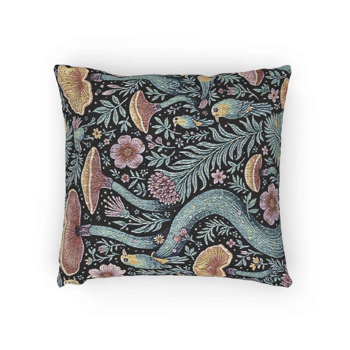 Mushroom and Fern Tapestry Pillow | Woven Decorative Throw Pillow