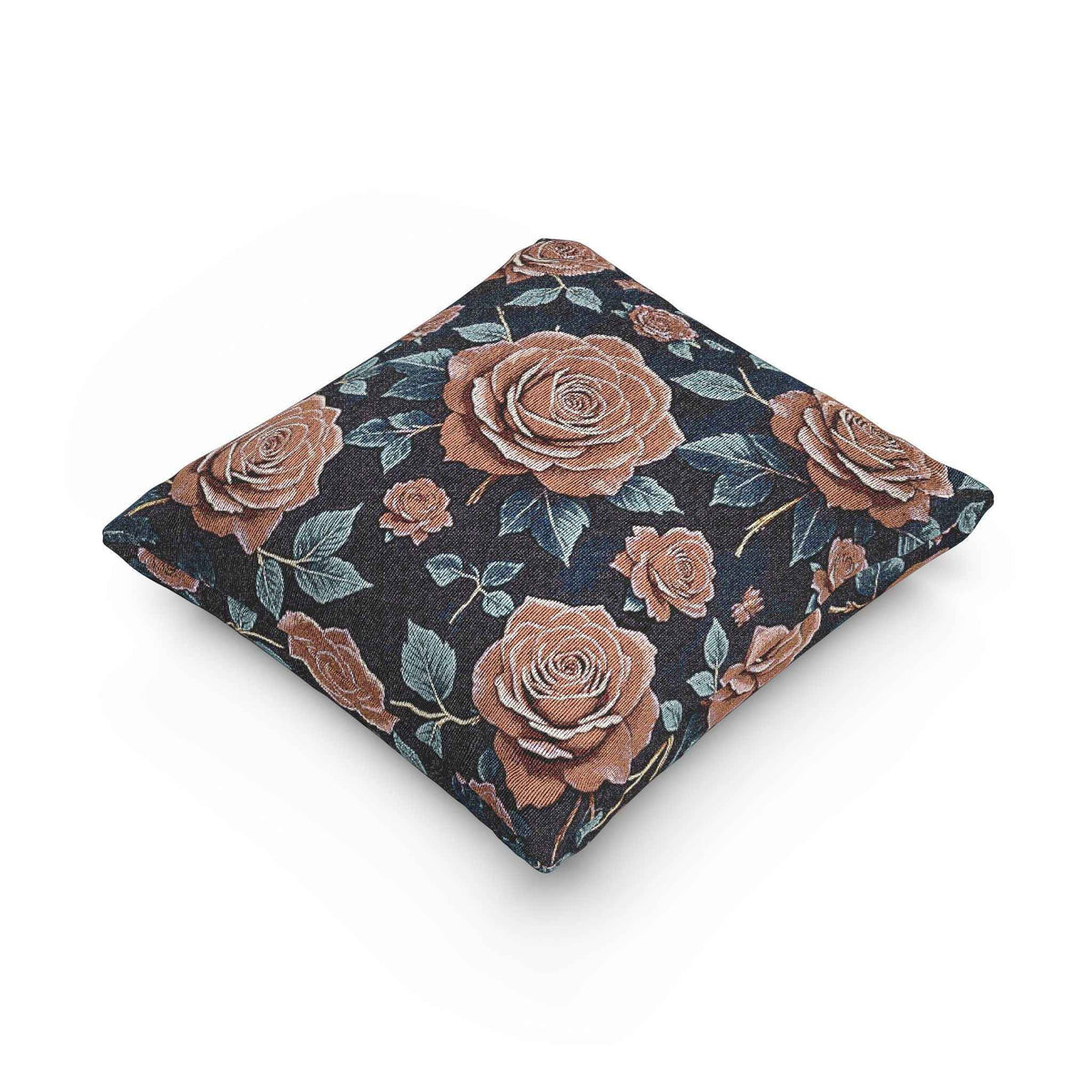 Vintage Rose Woven Pillow | Floral Needlepoint Style, Navy Background