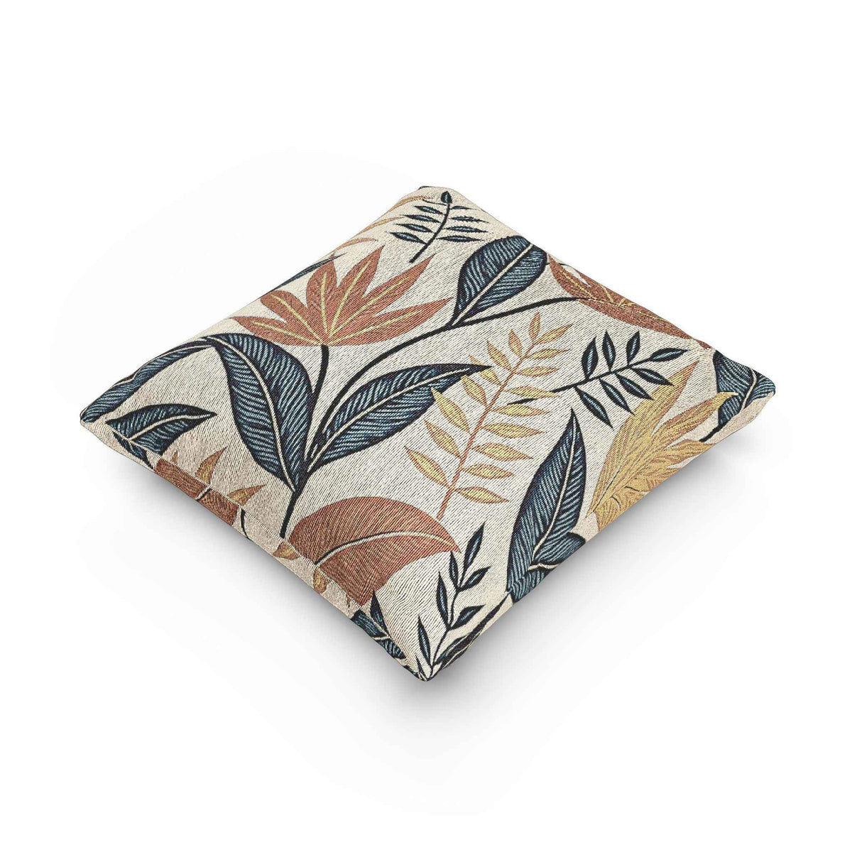 Tropical Leaf Pattern Woven Pillow | Botanical Throw Pillow, Neutral Blue Rust Design