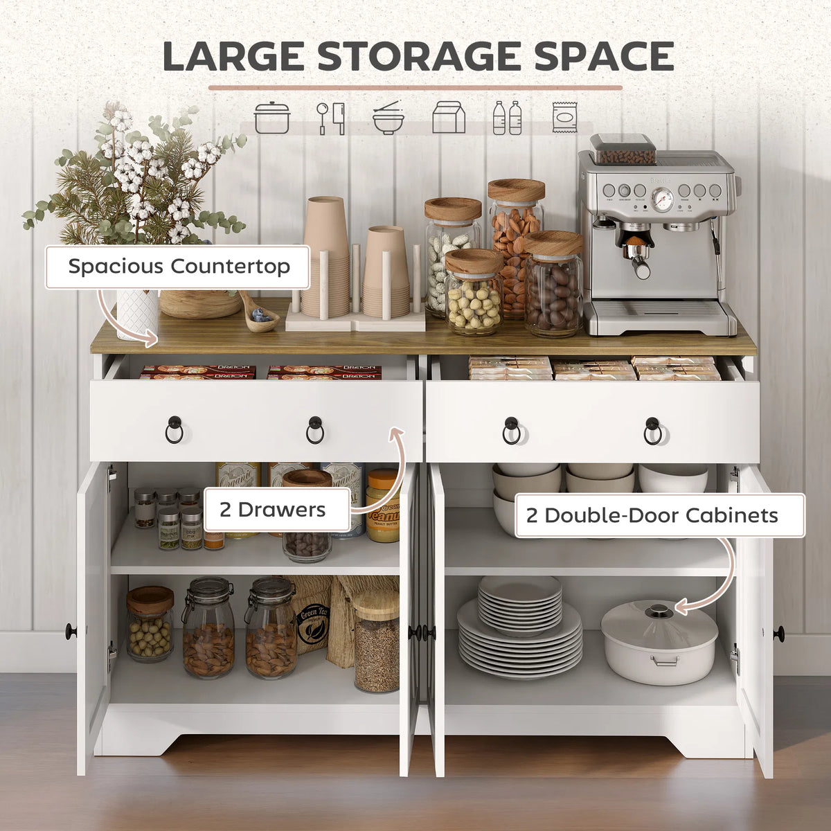 White Kitchen Sideboard Cabinet – 2 Drawers, 4 Barn Doors & Adjustable Shelves (United States & Canada Delivery Only)