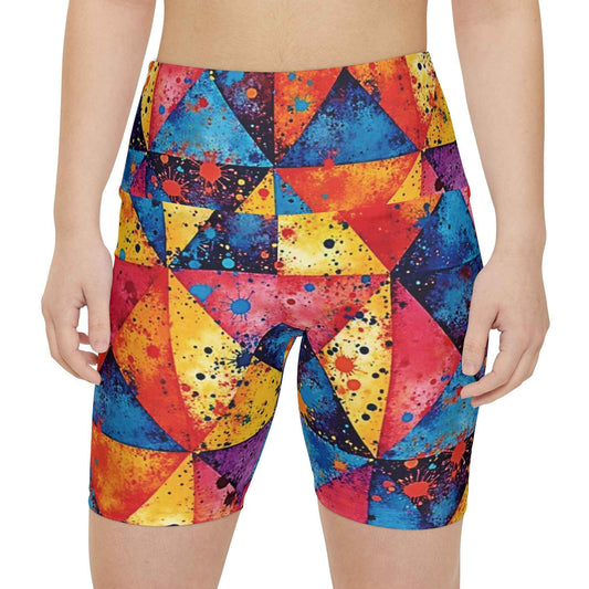 Colorful Geometric Triangle Women's Workout Shorts — Vibrant Athletic Biker Shorts