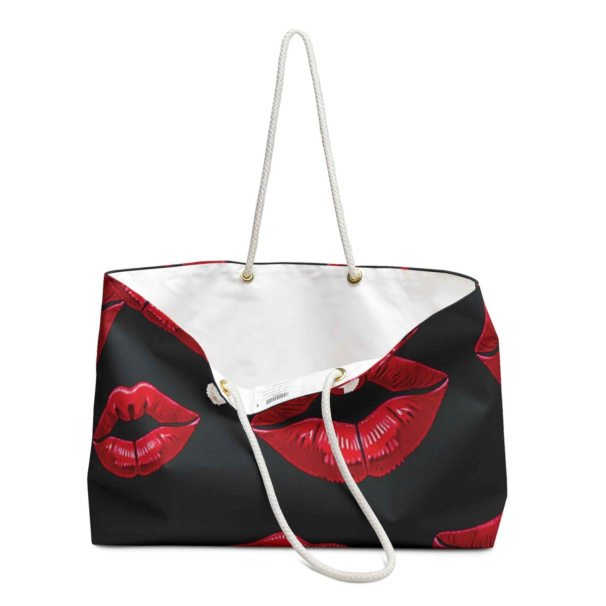 Red Lip Print Weekender Bag | Bold Kiss Pattern, Black Background