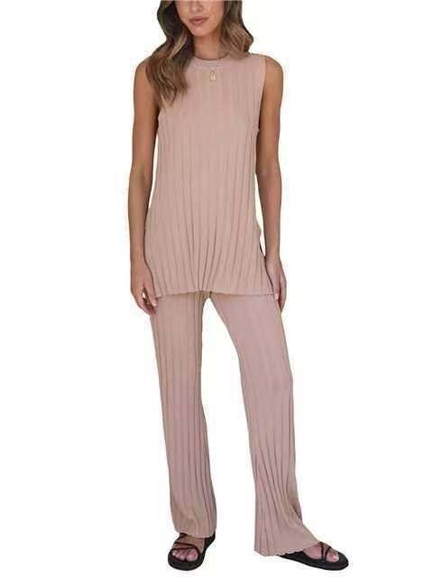 Women’s Ice Silk Knitted Sweater & Wide-Leg Pants Two-Piece Set – Casual Lounge Outfit