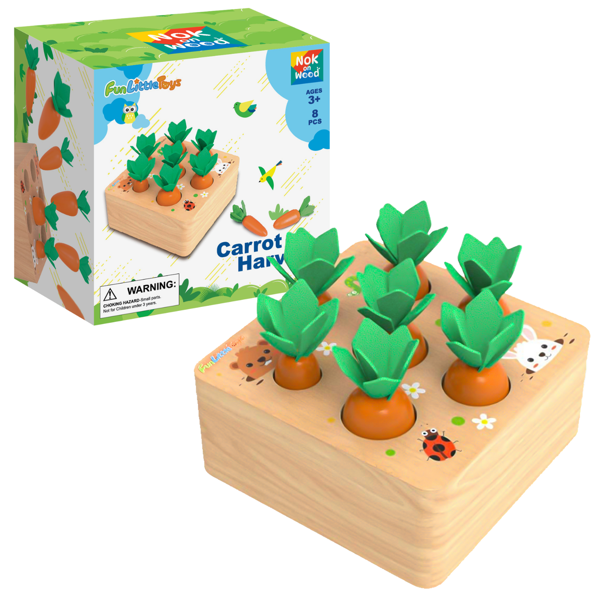 Fun Little Toys - Wooden Carrot Harvest Shape & Size Sorting Game - Ages 3+