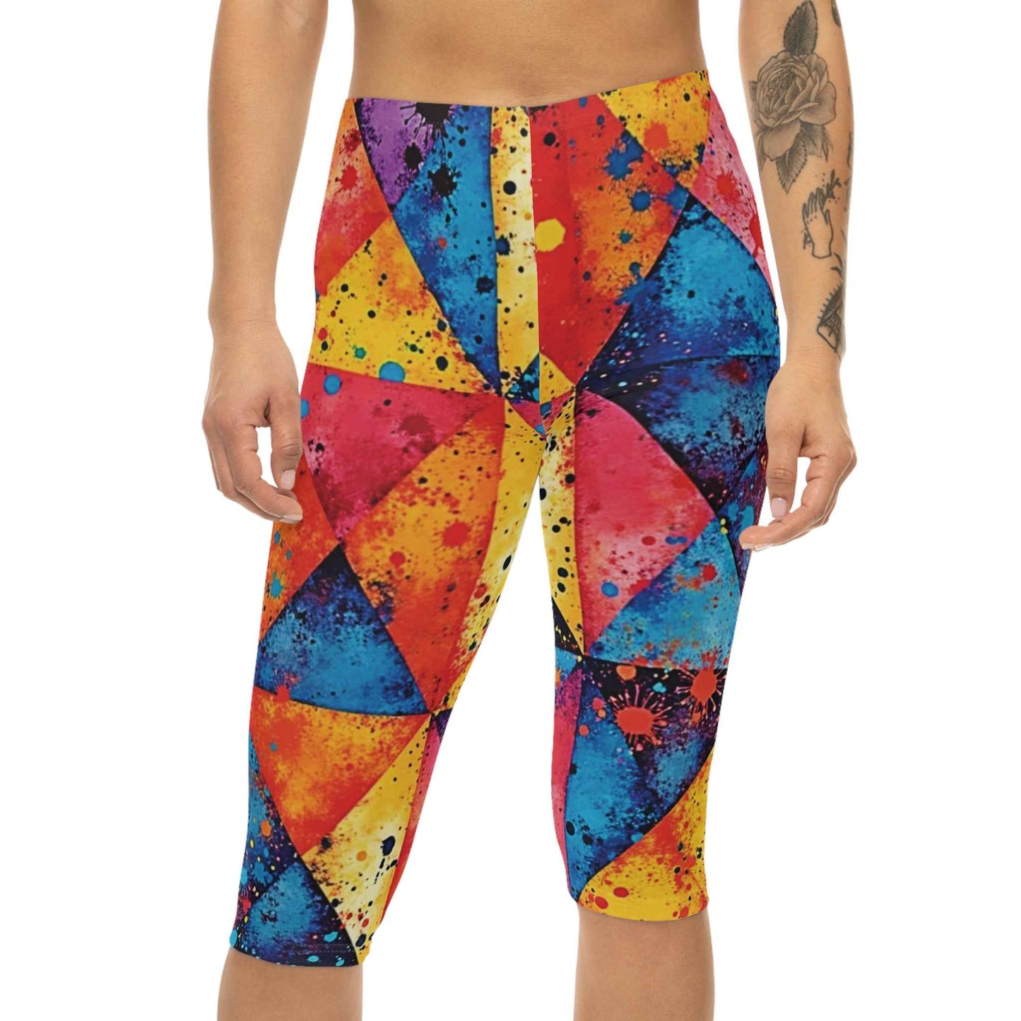 Colorful Geometric Splash Capri Leggings — Vibrant Triangle All-Over Print