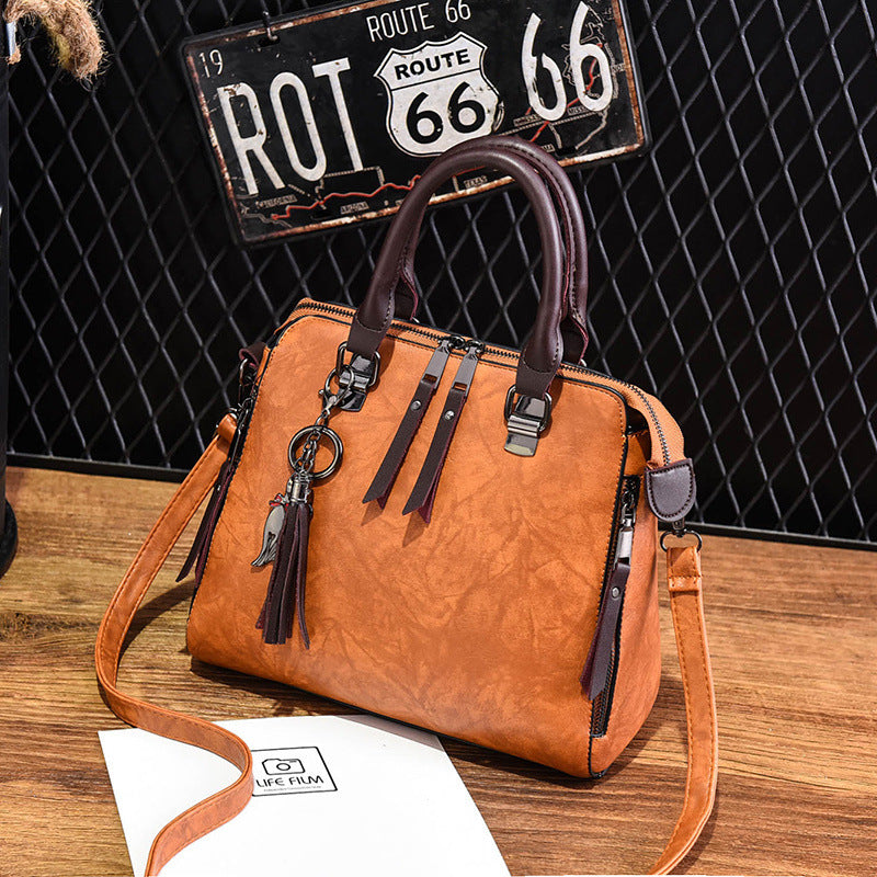 Vintage PU Leather Tassel Handbag for Women, Top-Handle Shoulder Bag