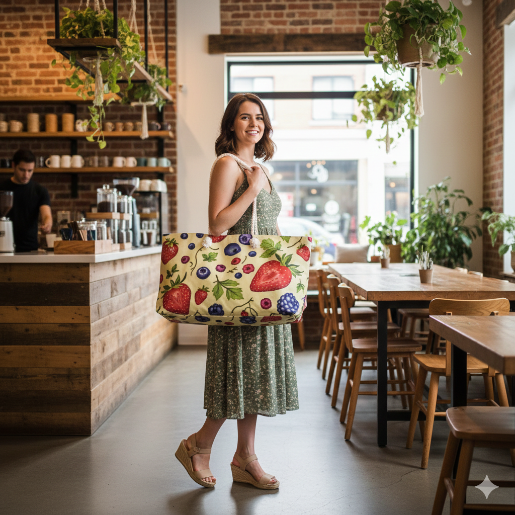 Strawberry Blueberry Print Weekender Bag | Fruit Pattern Tote | Large Tote Bag