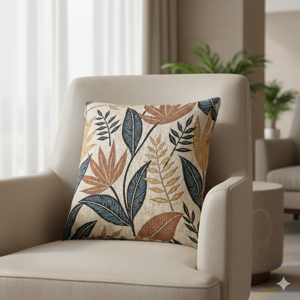 Tropical Leaf Pattern Woven Pillow | Botanical Throw Pillow, Neutral Blue Rust Design