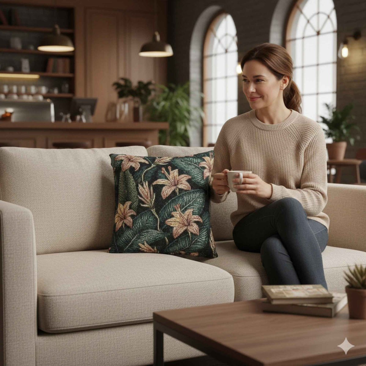 Tropical Lily Pattern Woven Pillow | Botanical Floral Throw Pillow
