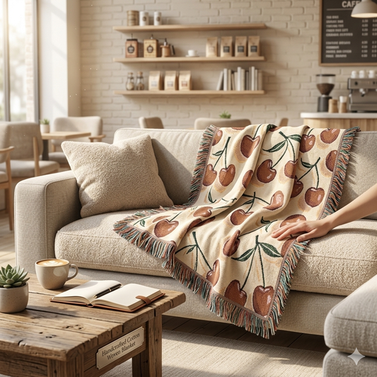 Cherry Pattern Woven Blanket — Retro Fruit Throw for Living Room & Bedroom
