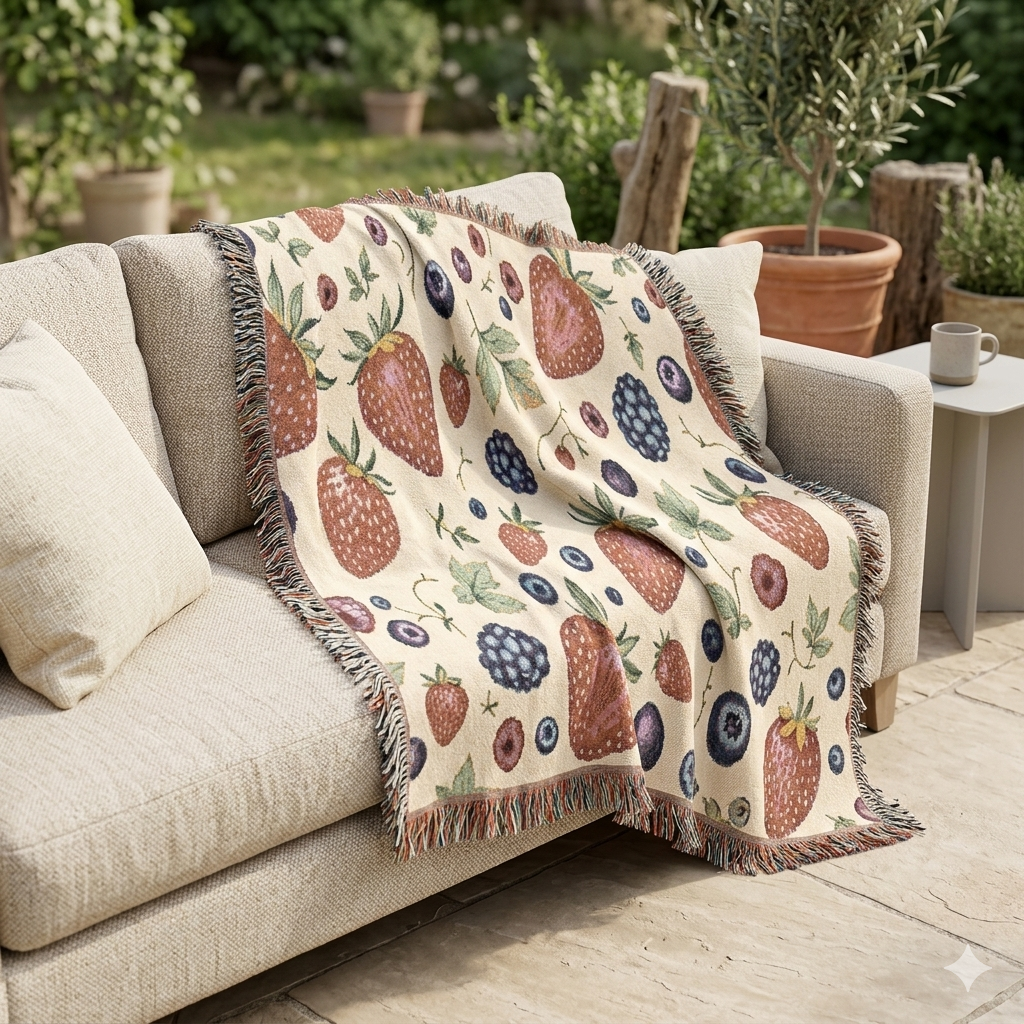Strawberry Patch Woven Blanket — Fruit Pattern Throw for Kitchen, Picnic & Cozy Home Decor