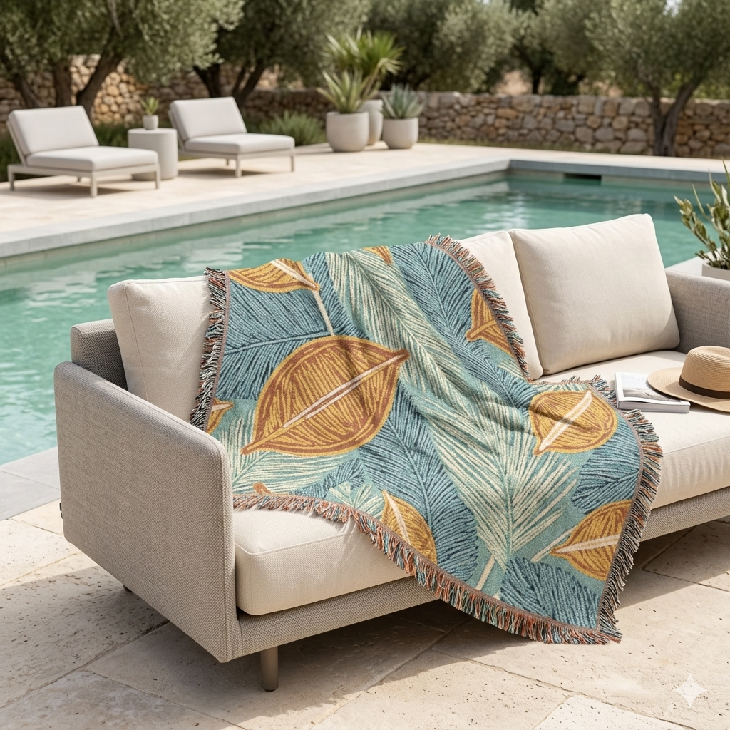 Tropical Leaf Woven Blanket — Cozy Decorative Throw for Living Room & Patio