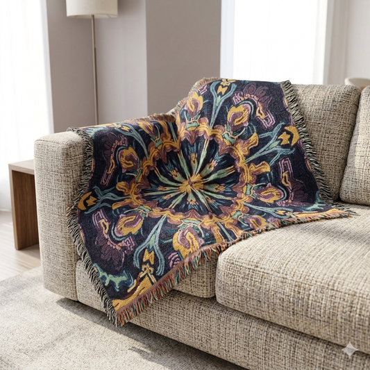 Bohemian Mosaic Woven Blanket — Vintage Tile Medallion Blanket Throw