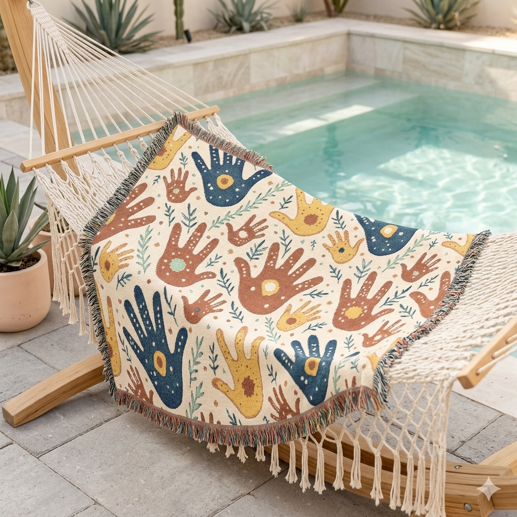 Handprint Pattern Woven Blanket — Boho Tribal Throw for Living Room, Nursery, or Gift