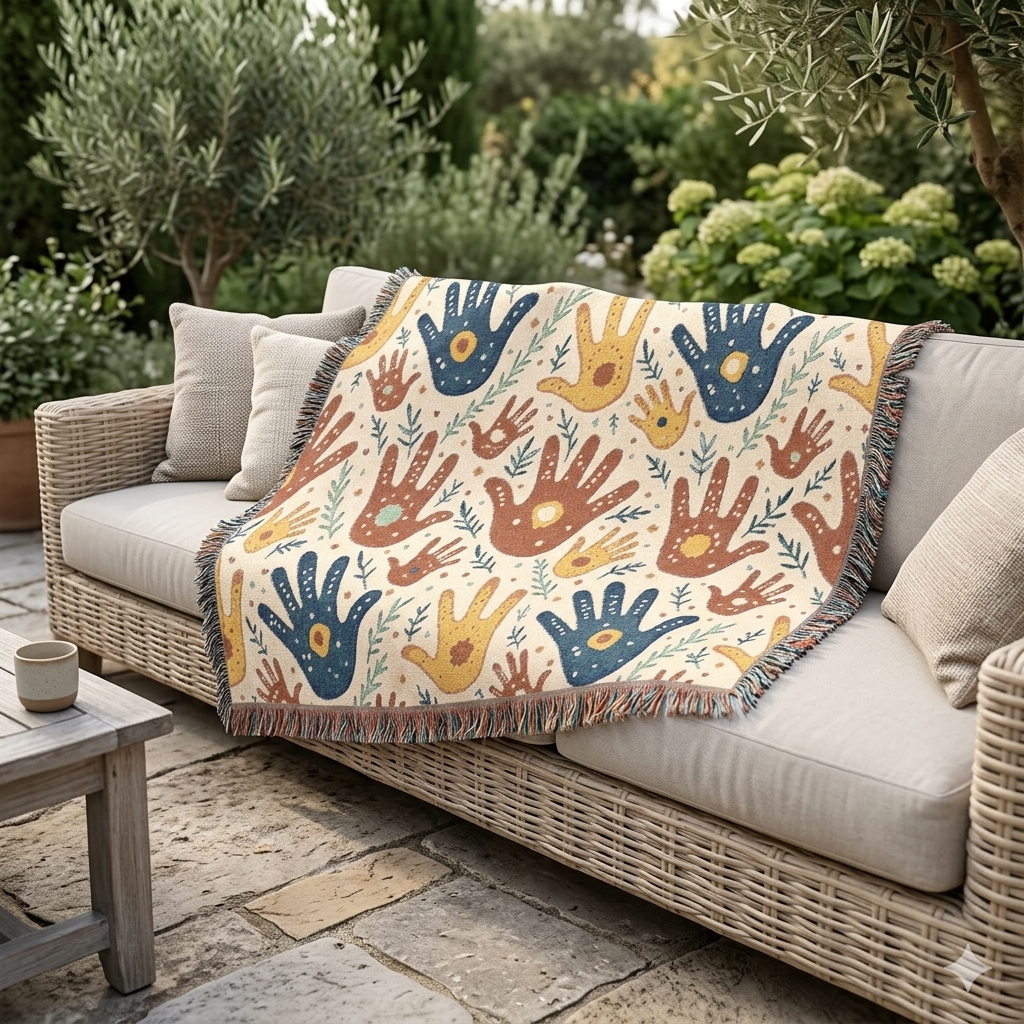 Handprint Pattern Woven Blanket — Boho Tribal Throw for Living Room, Nursery, or Gift