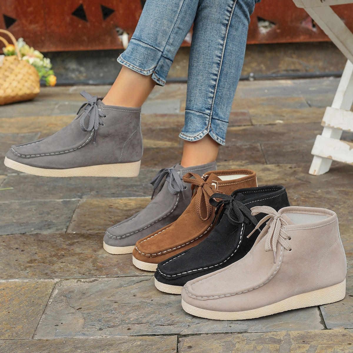 Women's Hidden Heel Ankle Boots – Stitched Detail Lace-Up Suede Fashion Shoes