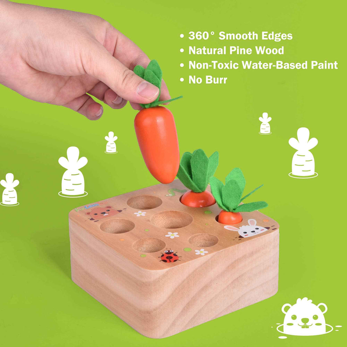 Fun Little Toys - Wooden Carrot Harvest Shape & Size Sorting Game - Ages 3+