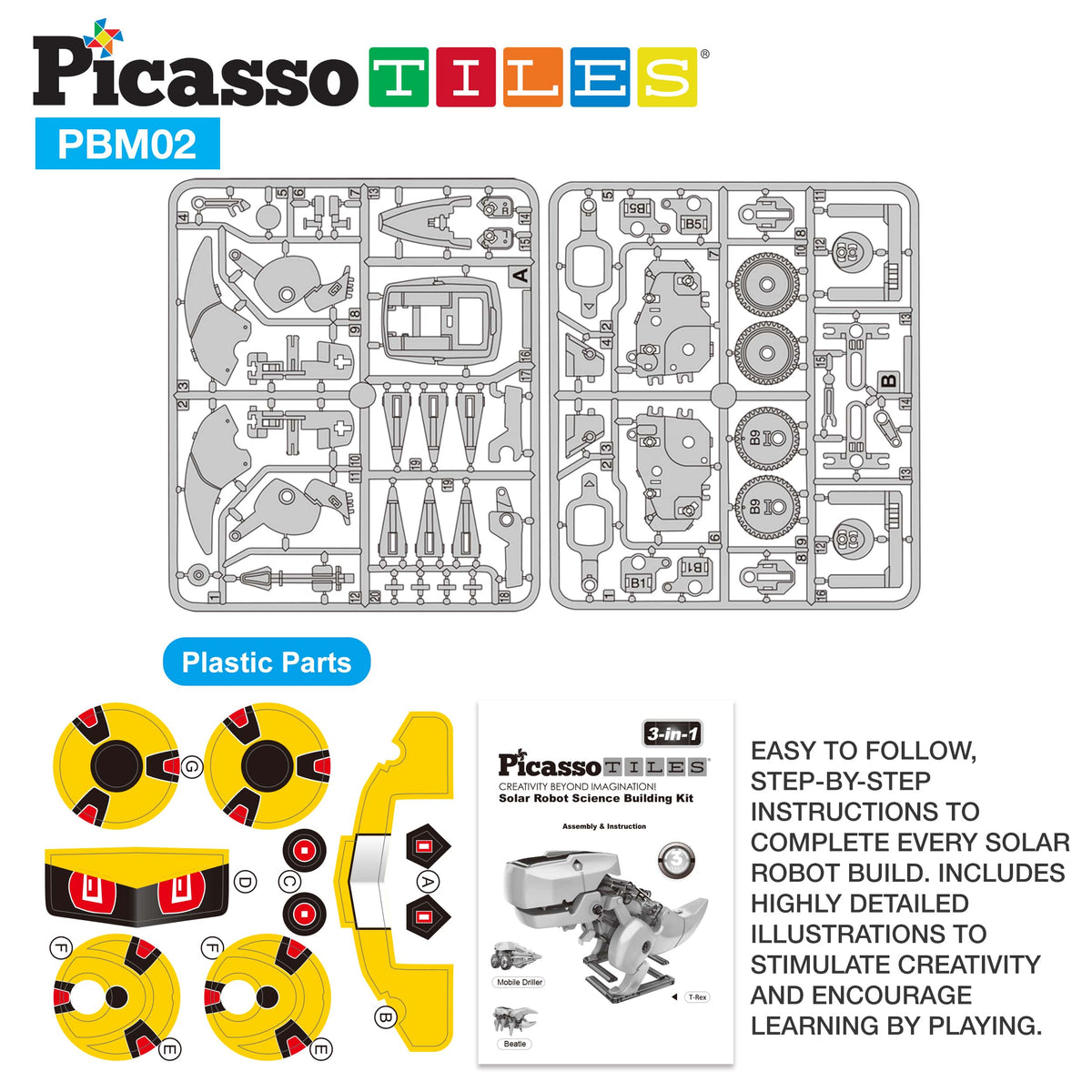 PicassoTiles - PicassoTiles 3-in-1 Solar Powered Dinosaur Robot Kit - Ages 5+