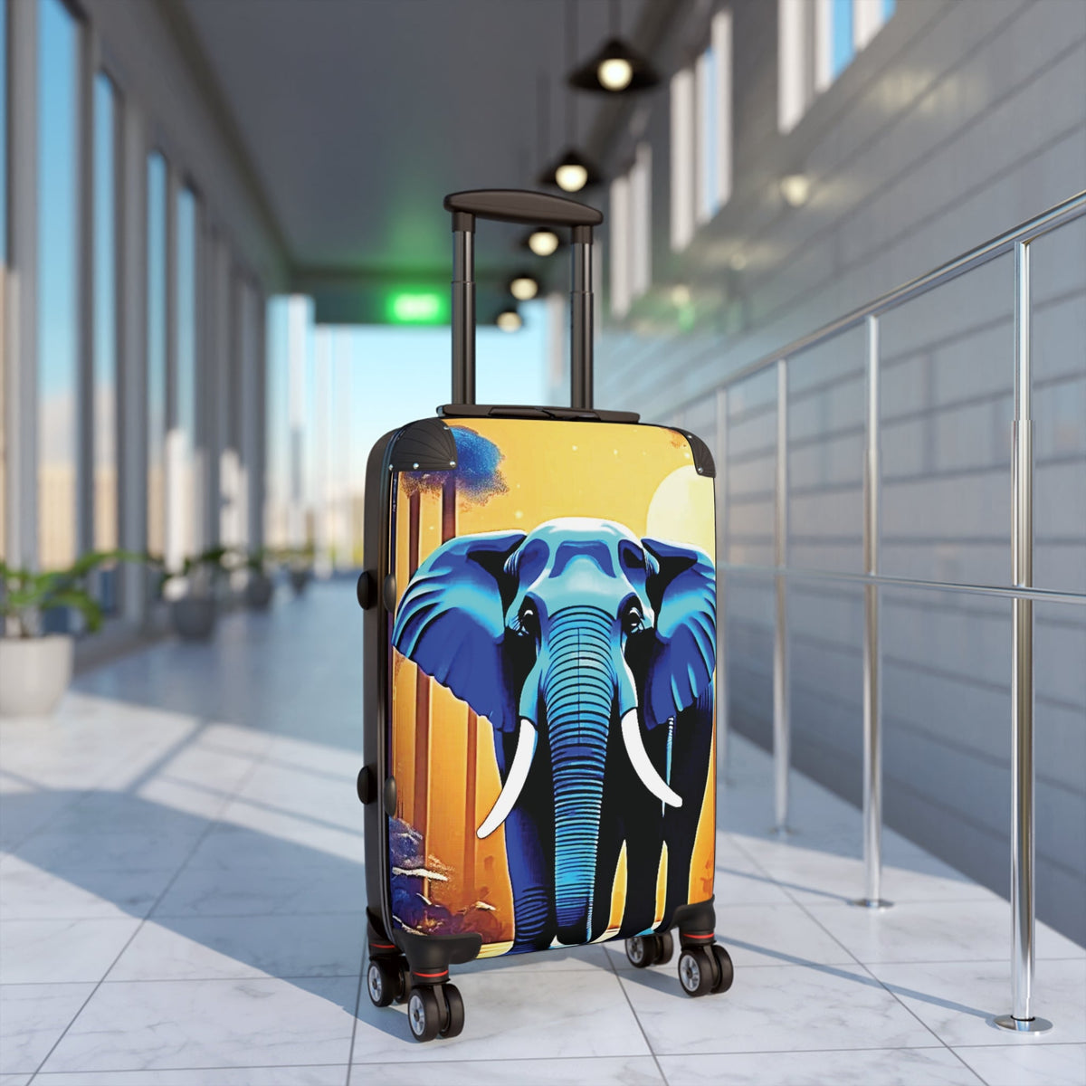 Elephant Sunset Suitcase — Vibrant Travel Luggage with Blue Elephant Design