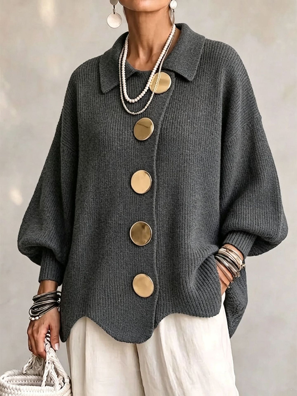 Women’s Button-Down Knit Cardigan – Lapel Collar Long-Sleeve Loose-Fit Fall & Winter Sweater