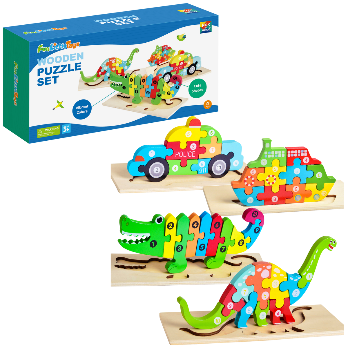 Fun Little Toys - 4-Pack Wooden Puzzles for Toddlers - Ages 2–4