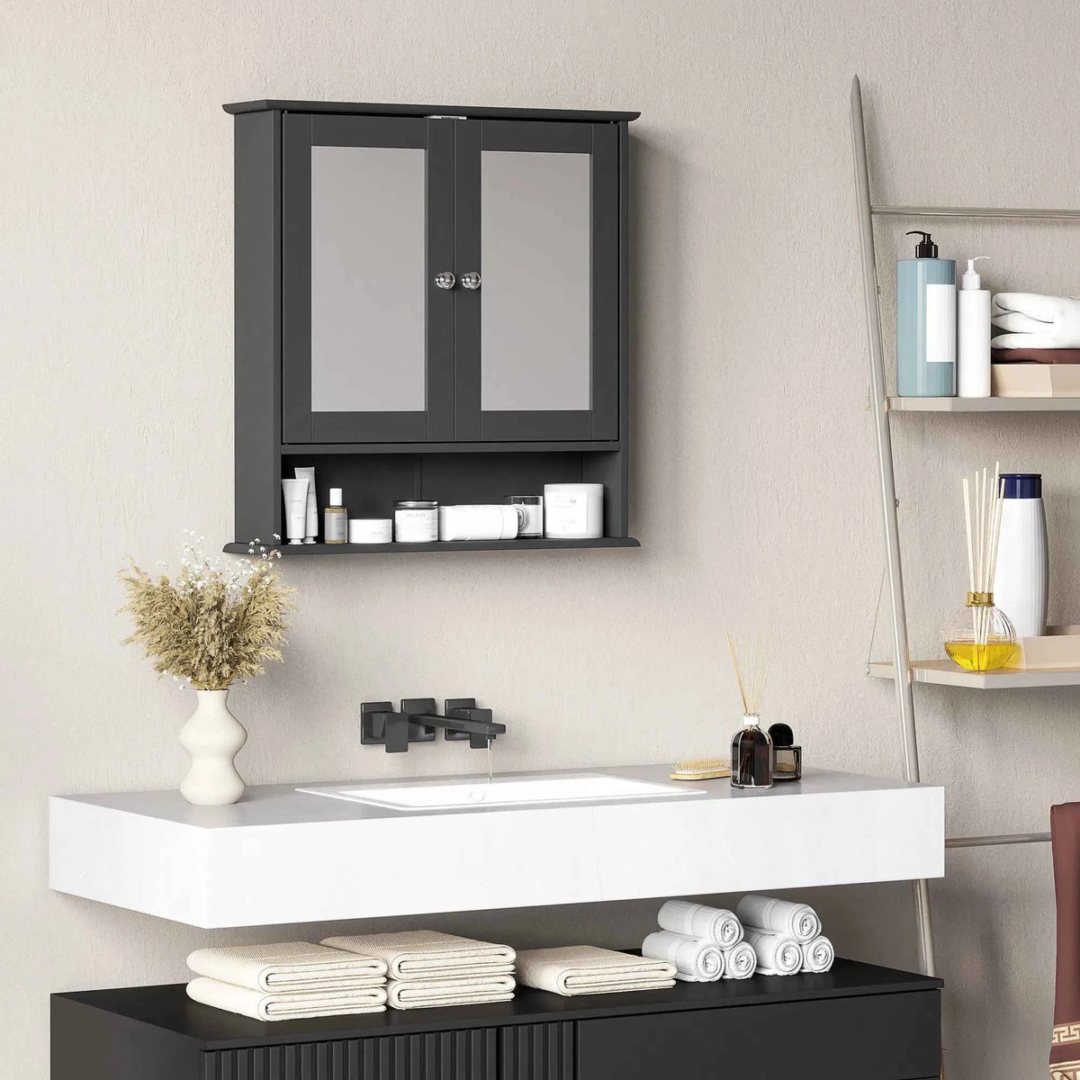 Black Bathroom Medicine Cabinet with Mirror – Wall-Mounted Double-Door Storage Cabinet (United States & Canada Delivery Only)