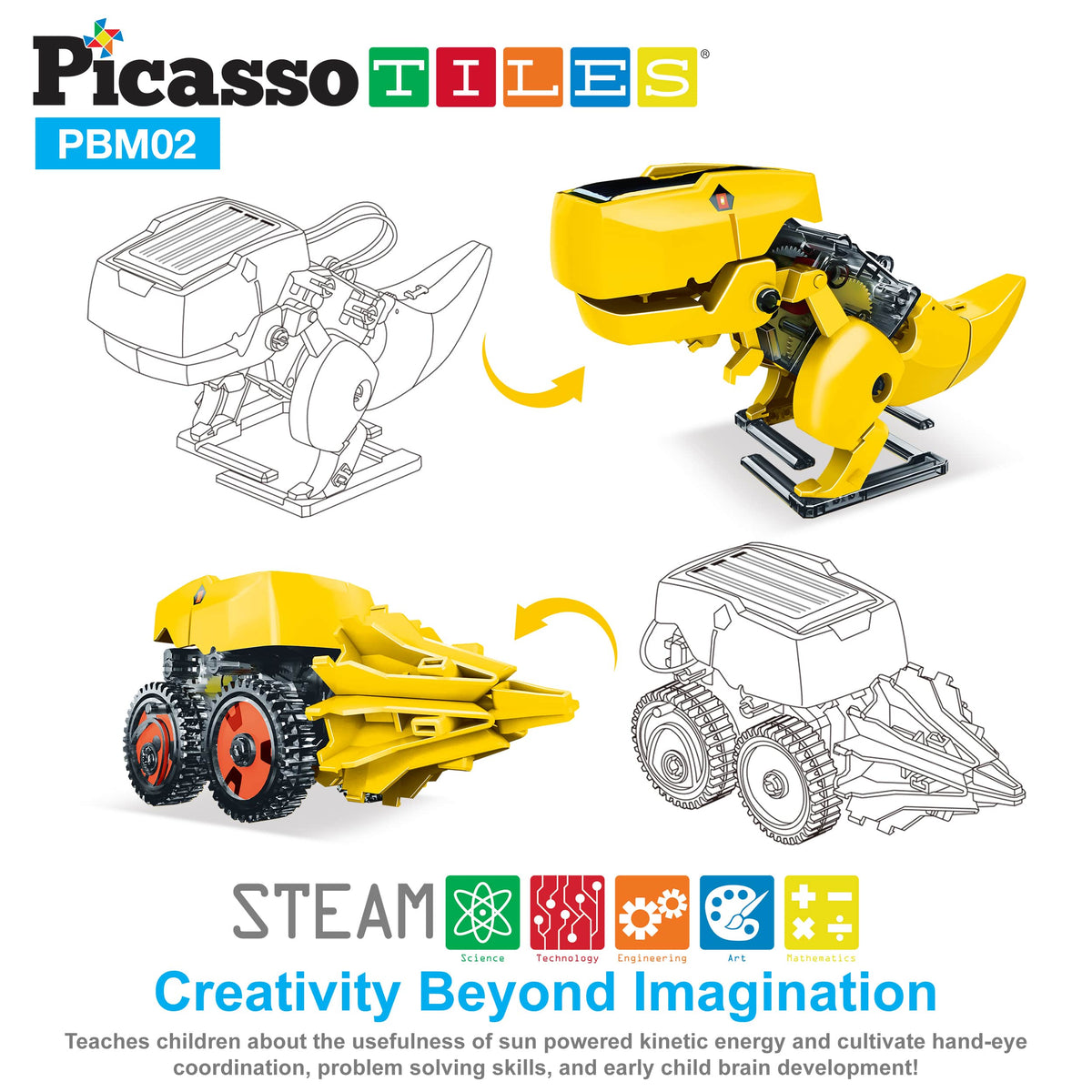 PicassoTiles - PicassoTiles 3-in-1 Solar Powered Dinosaur Robot Kit - Ages 5+