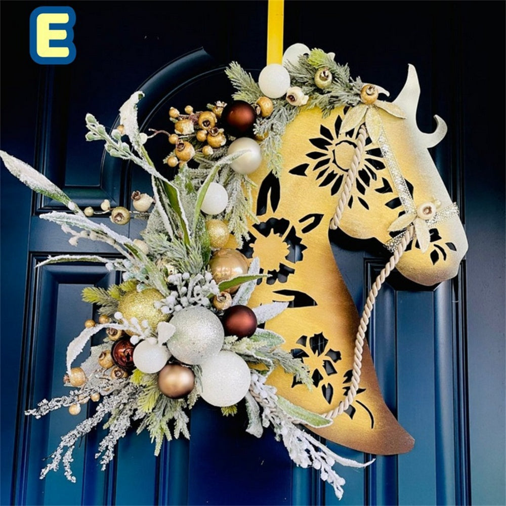 Horse Head Christmas Wreath, Artificial Door Hanging Decor with Balls & Pine Cones