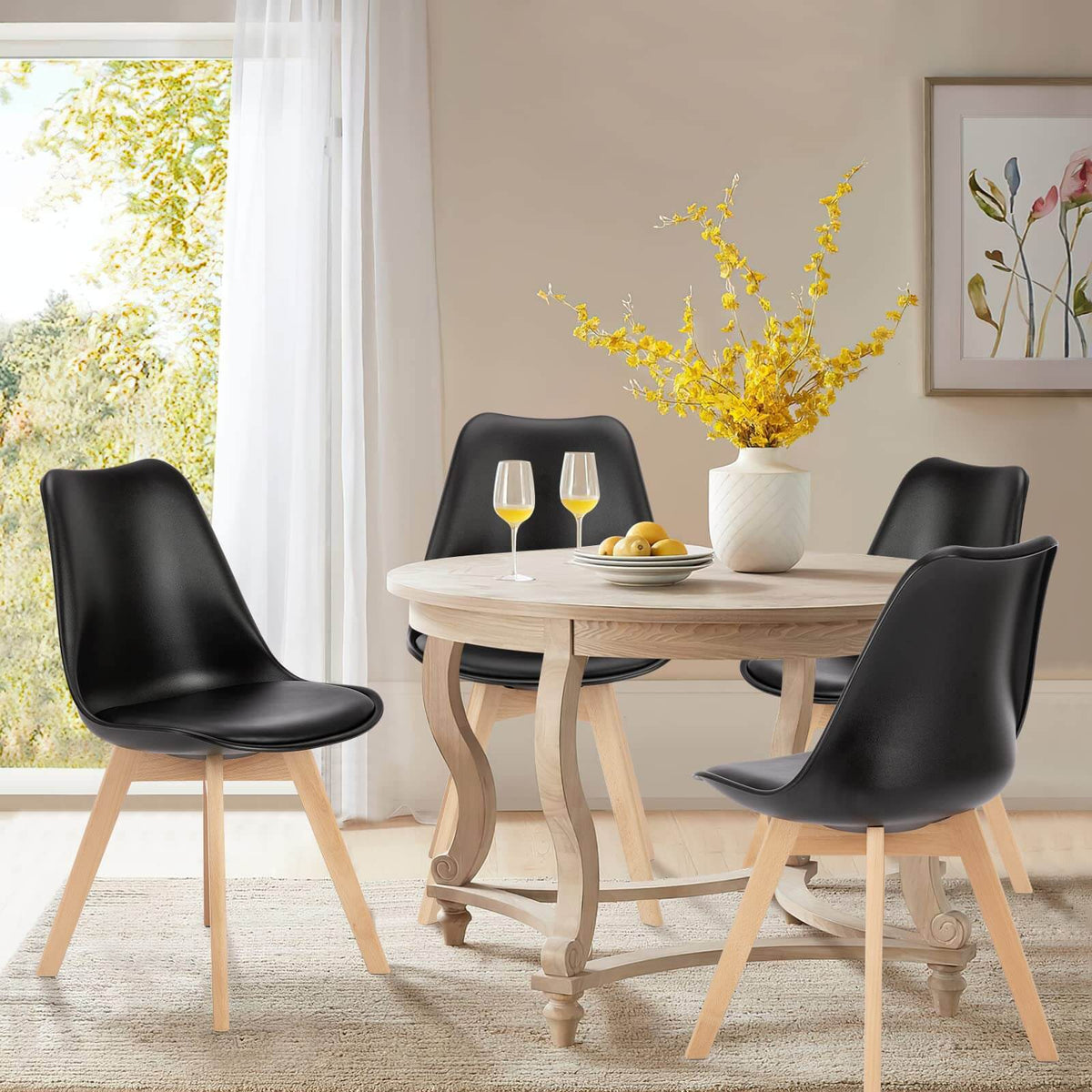 PU Leather Upholstered Dining Chairs with Wood Legs, Set of 4, Black and White (United States Delivery Only)
