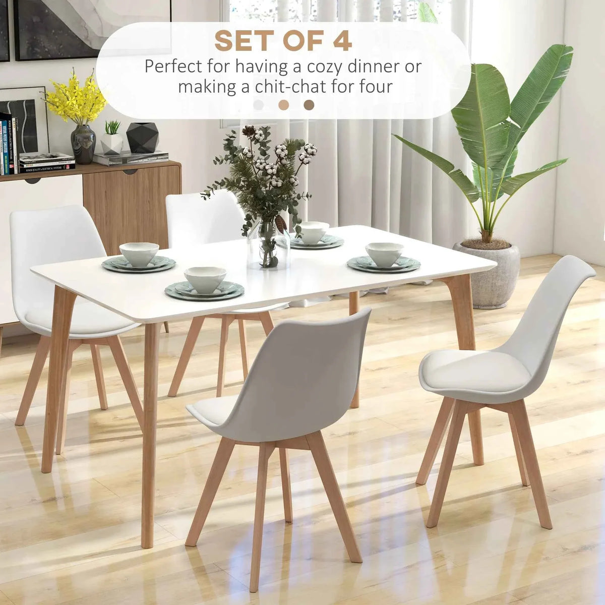 Set of 4 Modern Dining Chairs – Rubber Wood Kitchen Chairs with PU Leather Cushions (United States & Canada Delivery Only)