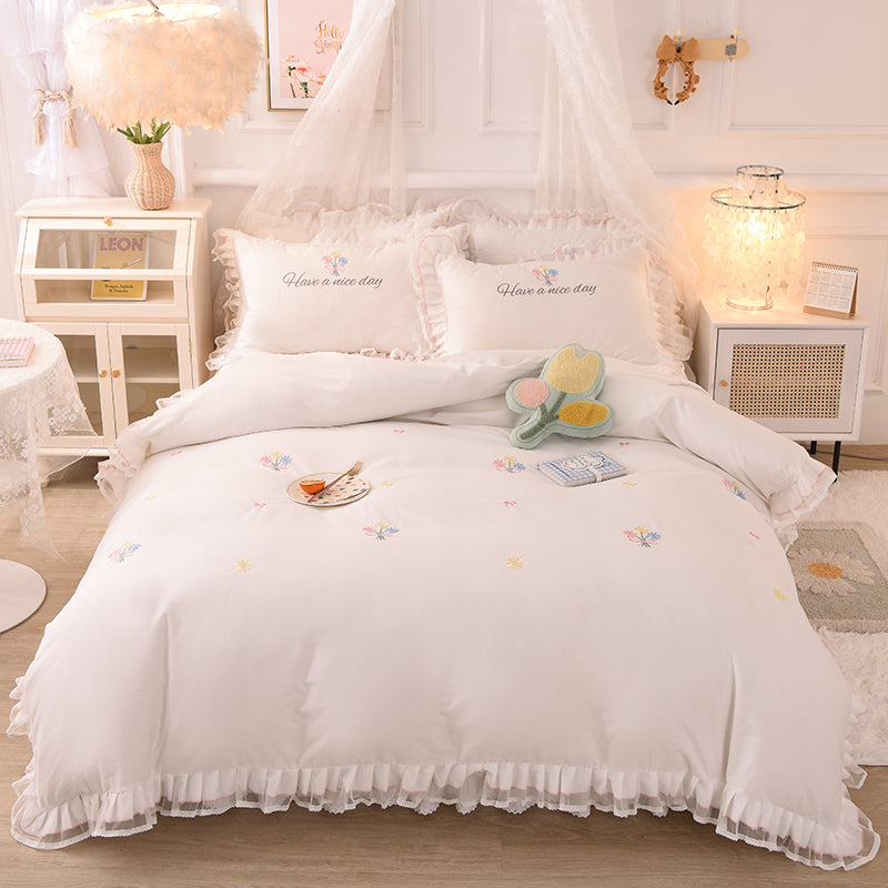 Summer Ruffled Cotton Bedding Set Embroidered Floral Bed Skirt