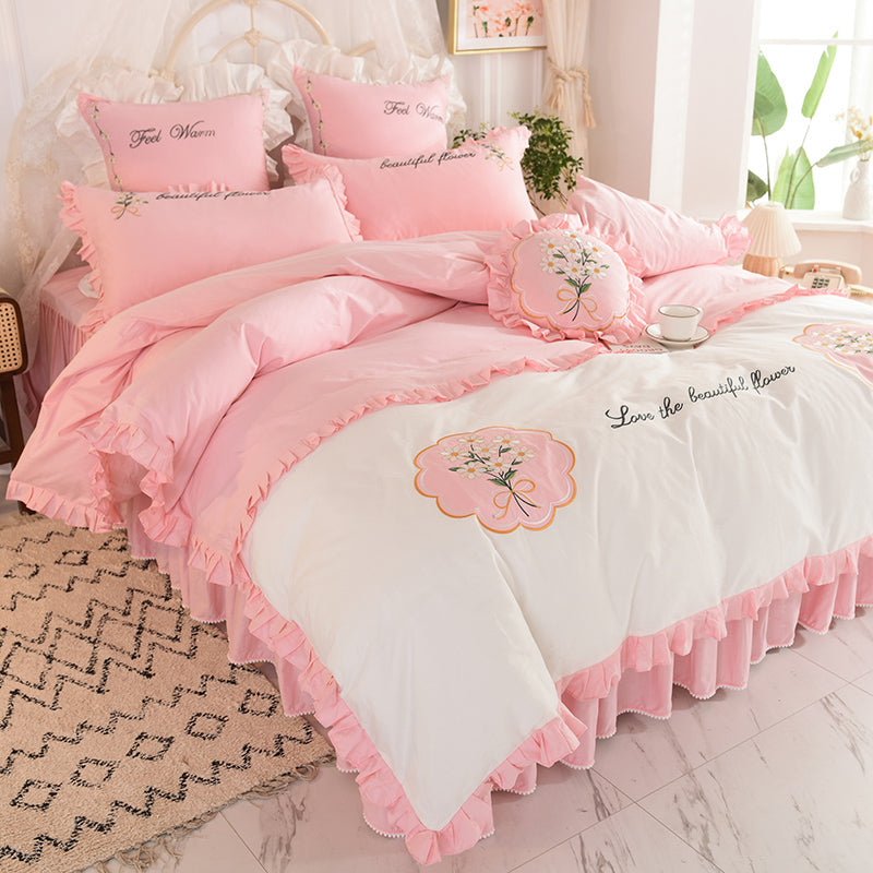 Summer Ruffled Cotton Bedding Set Embroidered Floral Bed Skirt