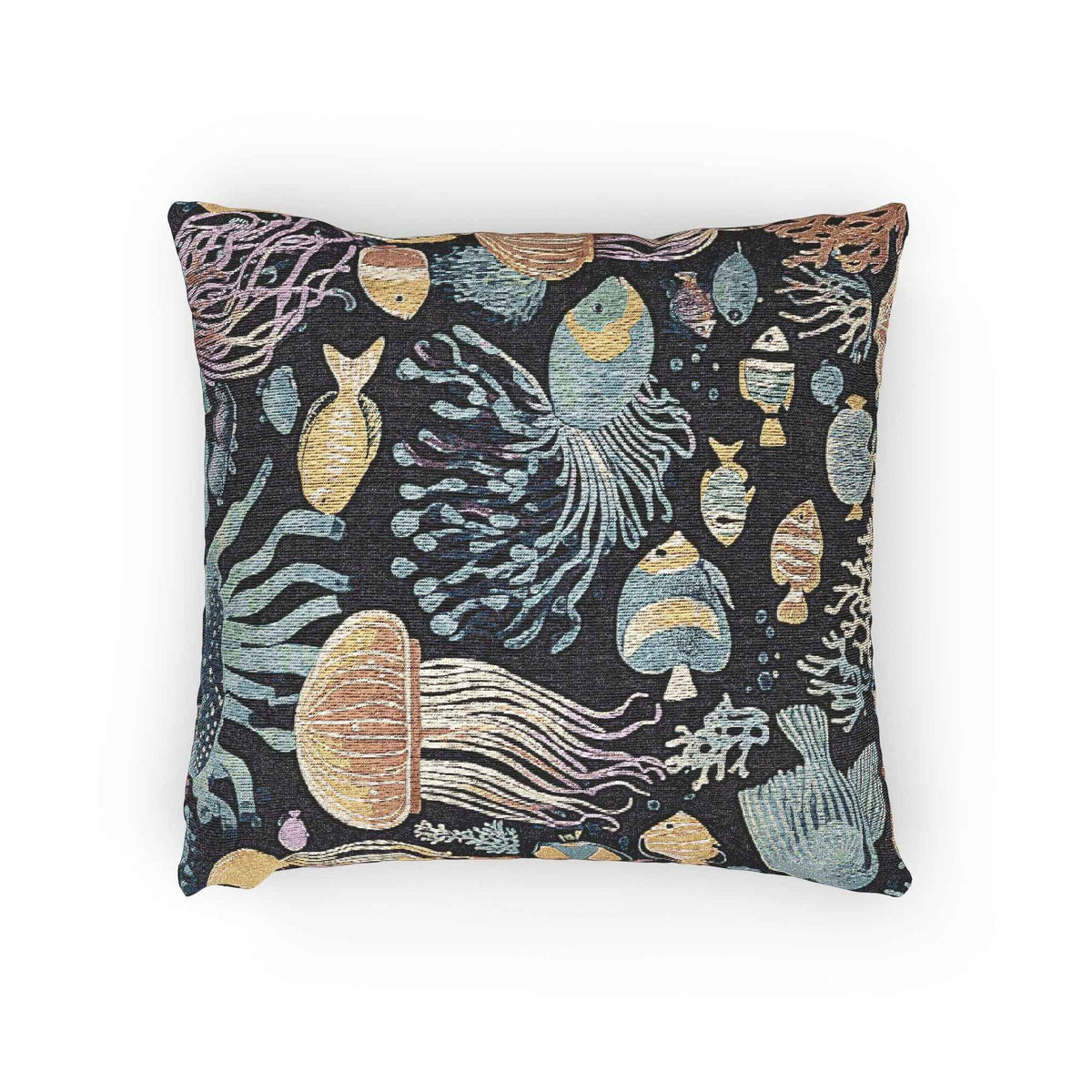 Underwater Jellyfish and Fish Woven Pillow | Ocean Reef Tapestry Cushion