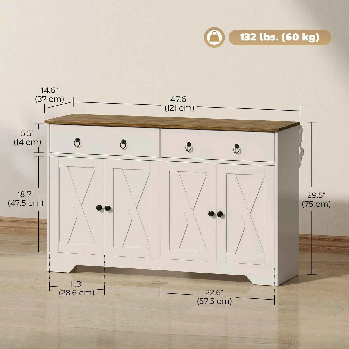 White Kitchen Sideboard Cabinet – 2 Drawers, 4 Barn Doors & Adjustable Shelves (United States & Canada Delivery Only)