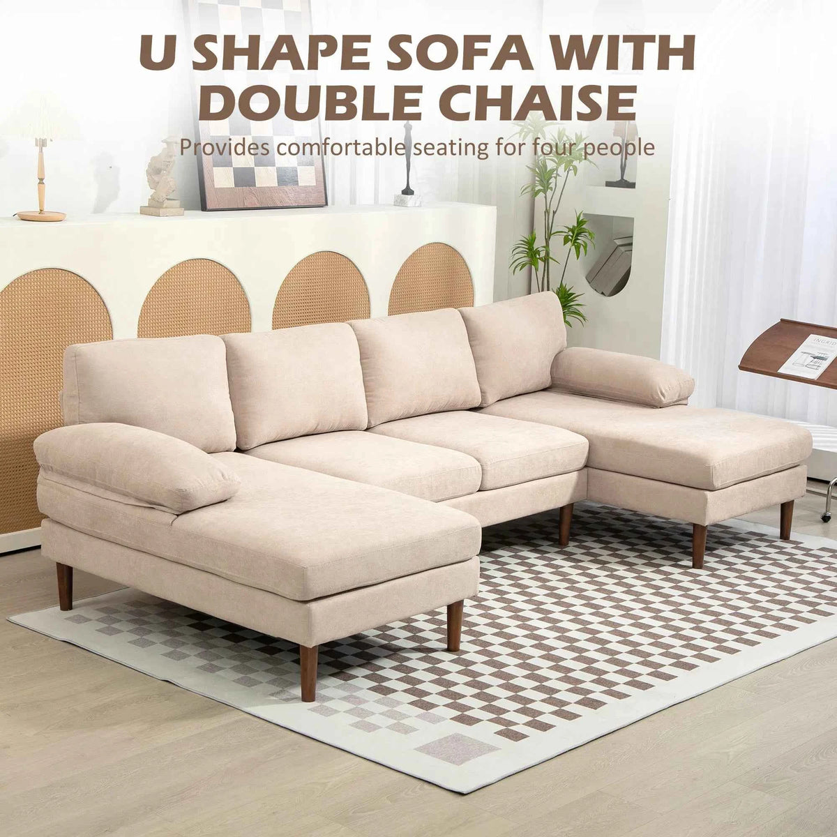 Beige U-Shaped Sectional Sofa – 4-Seater Fabric Couch with Double Chaise Lounge & Wooden Legs (United States & Canada Delivery Only)